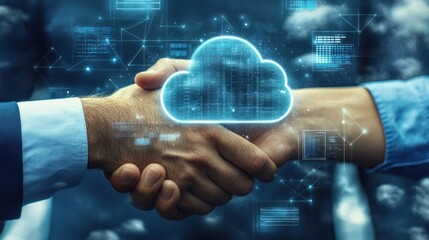 Digital handshake symbolizing cloud computing and collaboration.