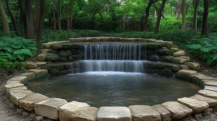 Naklejka premium Serene Stone Waterfall Cascades Through Lush Forest Setting