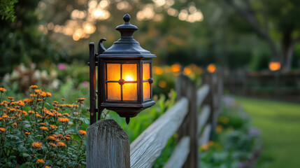 vintage lantern illuminating garden fence at sunset
