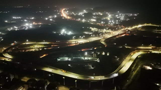 Multiple Crossroad Way By Drone Nighttime