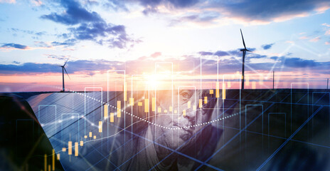 Rising electricity prices on world market chart graph. Green energy in full development being most natural way. Increasing  amount of green and solar energy