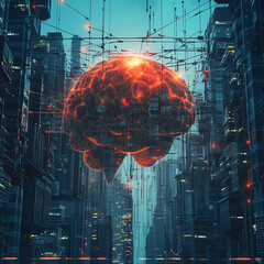 Futuristic Cityscape with a Networked Brain. A digitally rendered, futuristic cityscape, dominated by interconnected buildings and illuminated by a glowing orange-red network brain suspended mid-air.