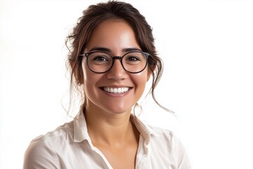 Happy office worker with glasses smiling in front of a white background