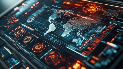 Obraz premium A close-up of a futuristic holographic interface depicting global connections 