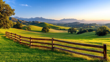 wooden fence framing tranquil countryside landscape