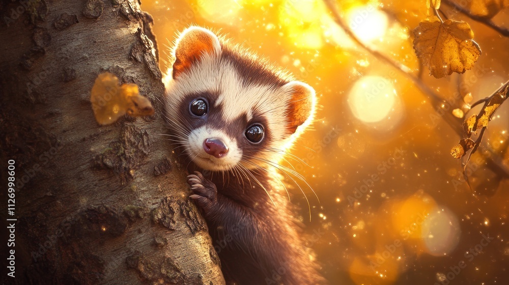 Poster a cute animal peeks from behind a tree in a vibrant autumn setting with soft bokeh.