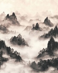 Illustration of mountains in clouds by sage painting from the jungle
