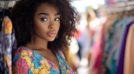 A woman with curly hair poses thoughtfully in a vibrant clothing store.