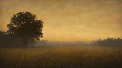 Fototapeta premium Solitary Tree in Misty Golden Field at Dawn