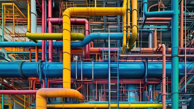 Colorful Industrial Pipes and Tubes in Complex Arrangement at Modern Manufacturing Facility