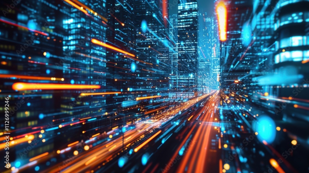 Poster fast data transferring flows through a futuristic smart city, with vibrant light trails and streams 