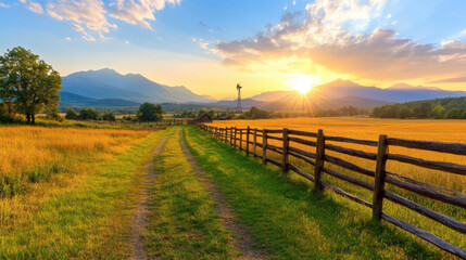 Scenic landscape with rustic wooden fence and sunset view