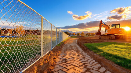 Construction site with steel wire mesh fence at sunset