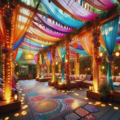 Pergolas decorated with colorful fabrics and lights in Holi hues