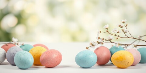 Obraz premium Pastel Easter Eggs and Spring Blossoms on White Surface