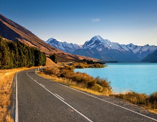 scenic view of road by lake pukaki with mount cook in background