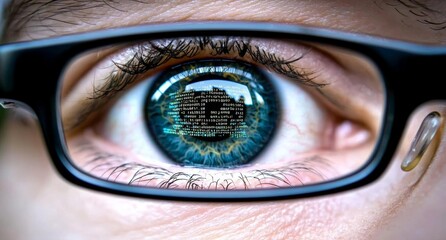 minimal photostock of a  Focused developer coder wears glasses working on computer looking at programming code data cyber security digital tech reflecting in spectacles developing