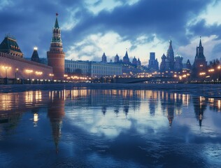 A serene view of the Kremlin and its reflections in water at dusk.