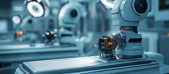 Fototapeta premium Close-up of futuristic medical devices on a surgical table, with soft ambient lighting highlighting their precision