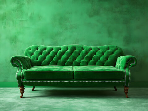 Green soft comfortable sofa on a green background. Neural network AI generated art