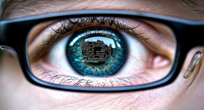 minimal photostock of a  Focused developer coder wears glasses working on computer looking at programming code data cyber security digital tech reflecting in spectacles developing