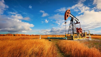 oil pump jack working in a bright orange autumn field under a blue cloudy sky