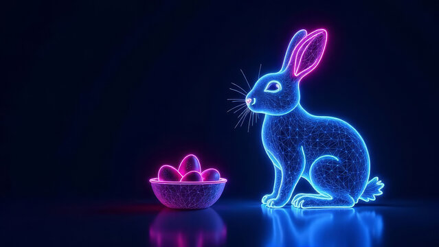 Glowing digital neon bunny sitting near a bowl with neon eggs in a dark futuristic setting. Easter celebration concept.