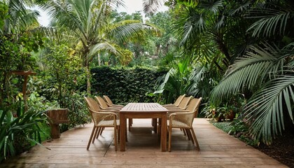 Fototapeta premium outdoor wooden table and chairs in a tropical garden surrounded by lush greenery
