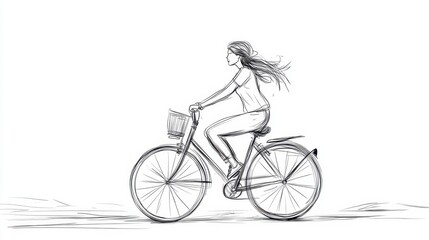 Naklejka premium Minimalist continuous line art of a woman riding a city bicycle, sketched in black lines against a clean white background.