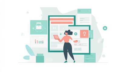 Fototapeta premium A woman interacts with digital interfaces, showcasing data and information.