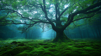 Fototapeta premium Dense foggy forest with towering evergreens, enchanted lights floating between the trees and glowing roots 