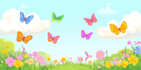 A cheerful illustration of vibrant butterflies flying above a lush field of colorful flowers under a clear blue sky, radiating joy and liveliness. Copy space