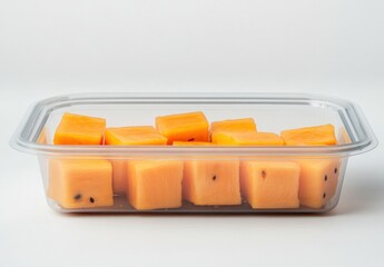 A clear container filled with cubed orange melon pieces.