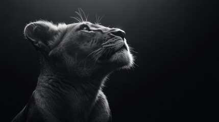 Fototapeta premium A monochrome portrait of a lioness gazing upward, showcasing its majesty and grace.