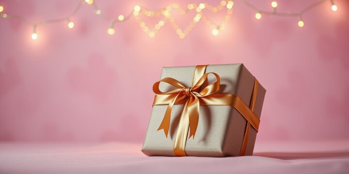 A beautifully wrapped present with a golden ribbon sits on a pink surface, illuminated by soft, warm string lights.