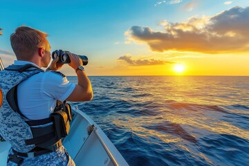 Obraz premium Captain in marine uniform observes horizon with binoculars during sunset at sea
