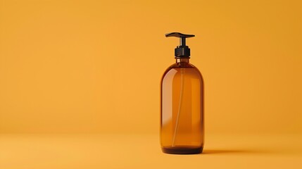 Amber glass soap dispenser bottle with black pump on minimalist yellow studio background  Skincare beauty and hygiene product mockup for branding and packaging design