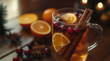 Christmas tea with orange, cranberries and cinnamon stick 