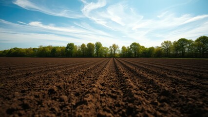 Ploughed farmland ready for planting, under a vibrant spring sky, showing rows of dark soil and a tree line in the distance.