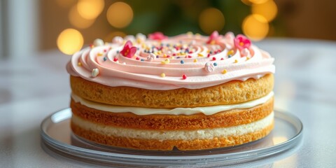 Delicious Three-Layered Cake with Pink Frosting and Sprinkles on a Glass Platter
