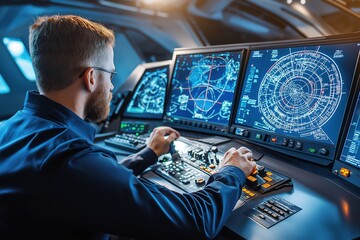 Captain analyzes radar and navigation data in the control room during a critical mission at sea