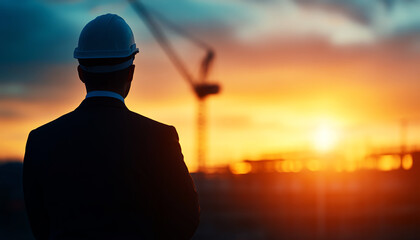 Construction manager observes the sunset over building site, symbolizing progress and future developments.