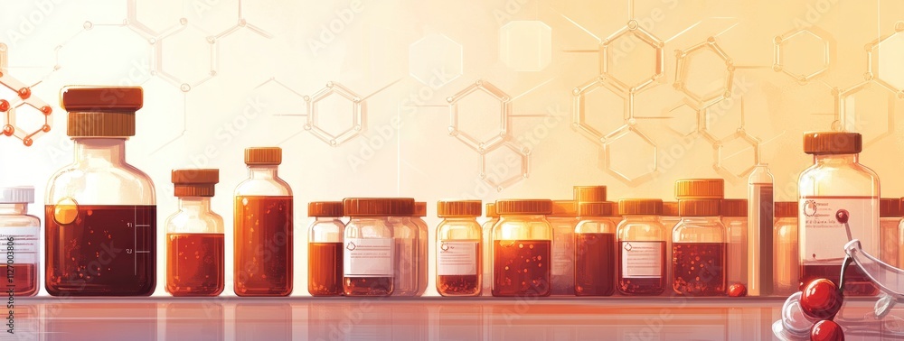Poster a collection of laboratory bottles filled with liquid, set against a scientific backdrop.