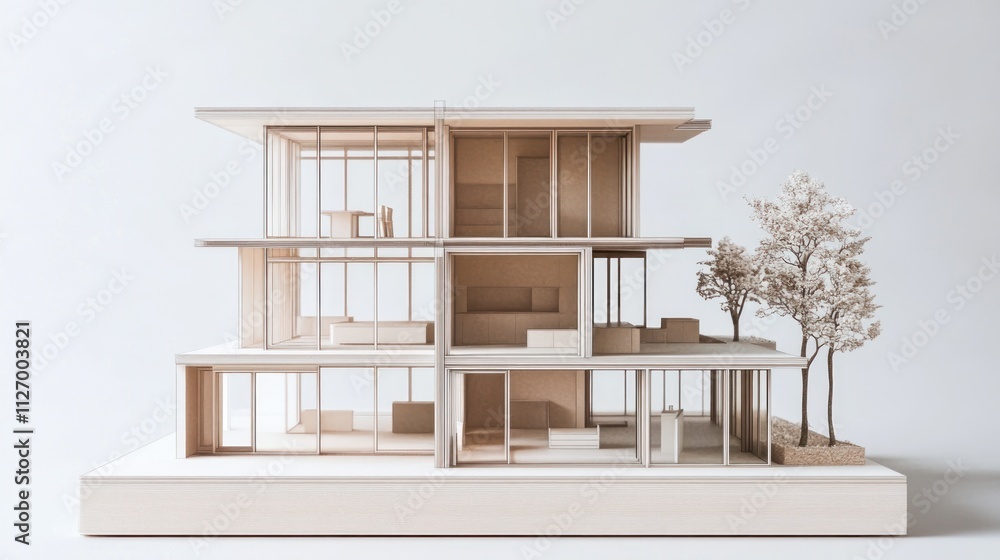 Poster architectural model showcasing a modern, multi-level design with trees.