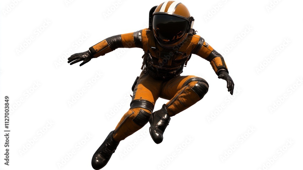 Poster a person in an orange space suit appears to be floating or jumping in a zero-gravity environment.