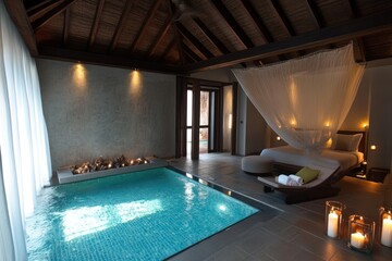 A luxurious interior featuring a bed, pool, and soft lighting for relaxation.
