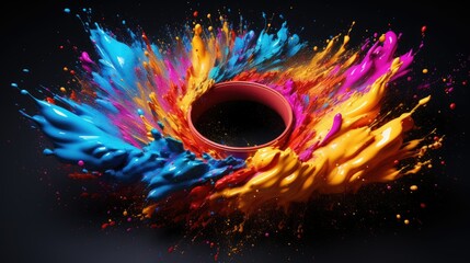 Abstract color splash background, fireworks, flower illustration. Fantastic spiral explosion colorful liquid paint splatter on black background.Color Burst - colorful rainbow smoke powder explosion