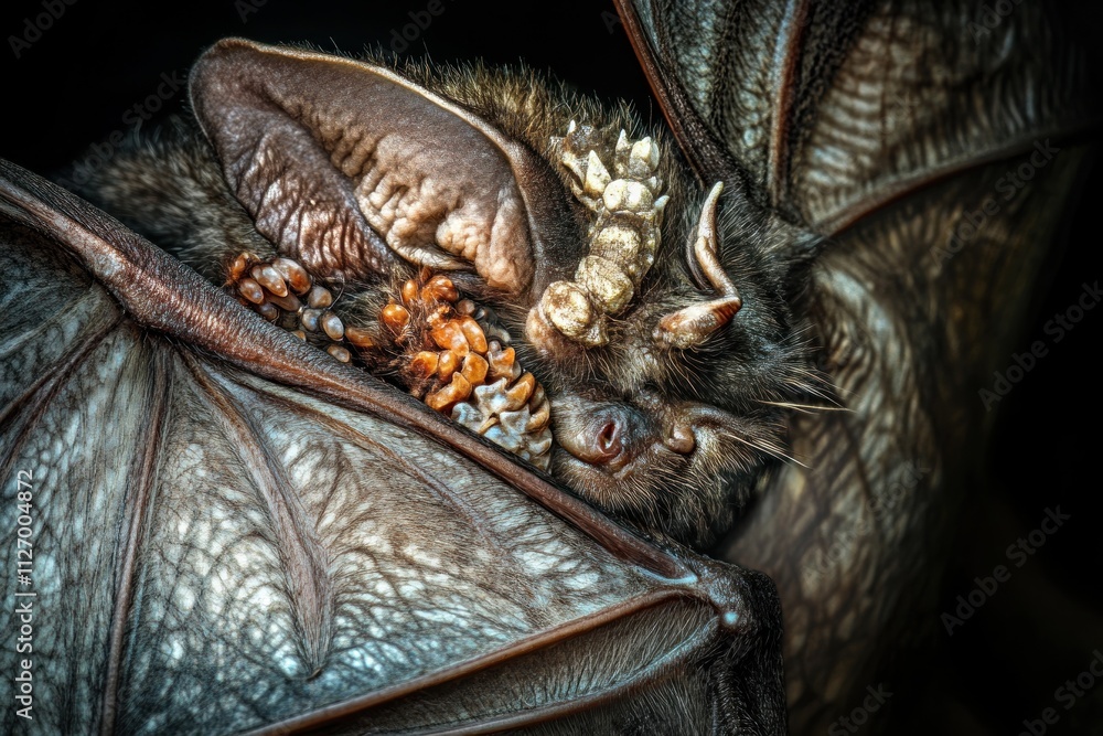 Poster a close-up of a bat resting, showcasing its unique features and textures.