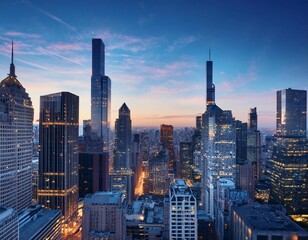 Fototapeta premium majestic urban skyline modern skyscrapers against blue twilight