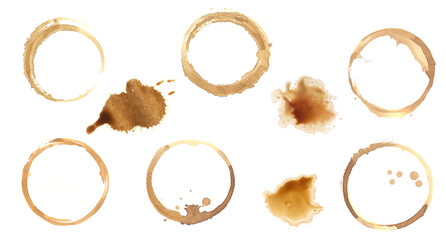 Coffee stain circle isolated set. Round coffee stain cup collection, splash coffee on white, drity coffee spill rings on white